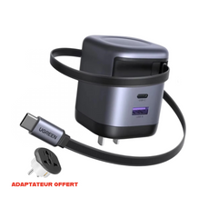 UGREEN Nexode 65W Charger with Retractable USB-C Cable ( ADAPTATEUR PRISE EU OFFERT
