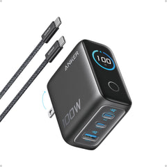 Anker Zolo Chargeur (100 W, 3 ports, PD 3.1) avec câble USB-C - Adaptateur Prise EU offert.