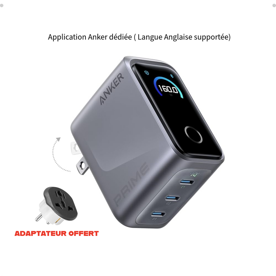 Chargeur Anker Prime (160 W, 3 ports) avec écran et Application dédiée