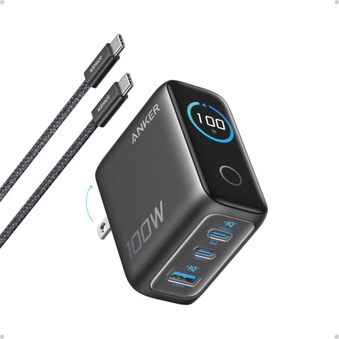 Anker Zolo Chargeur (100 W, 3 ports, PD 3.1) avec câble USB-C - Adaptateur Prise EU offert.